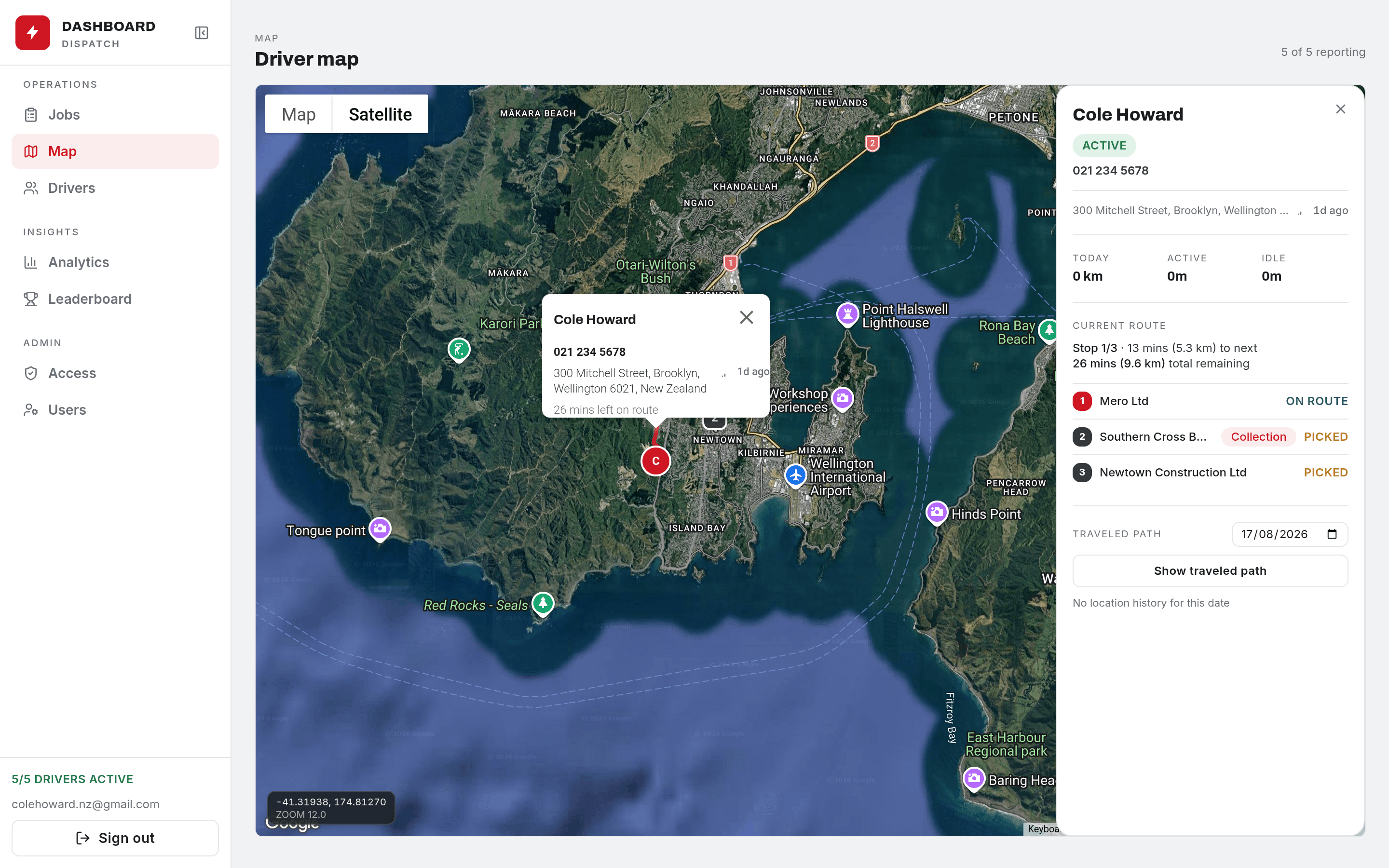 The dispatch dashboard's live map, showing a selected driver's route, upcoming stops and status on a satellite map of Wellington