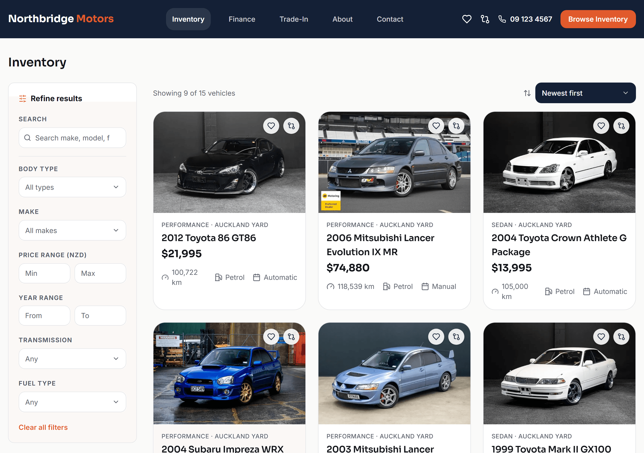 The Northbridge Motors inventory page, showing a grid of real vehicle listings with photos, prices and specs