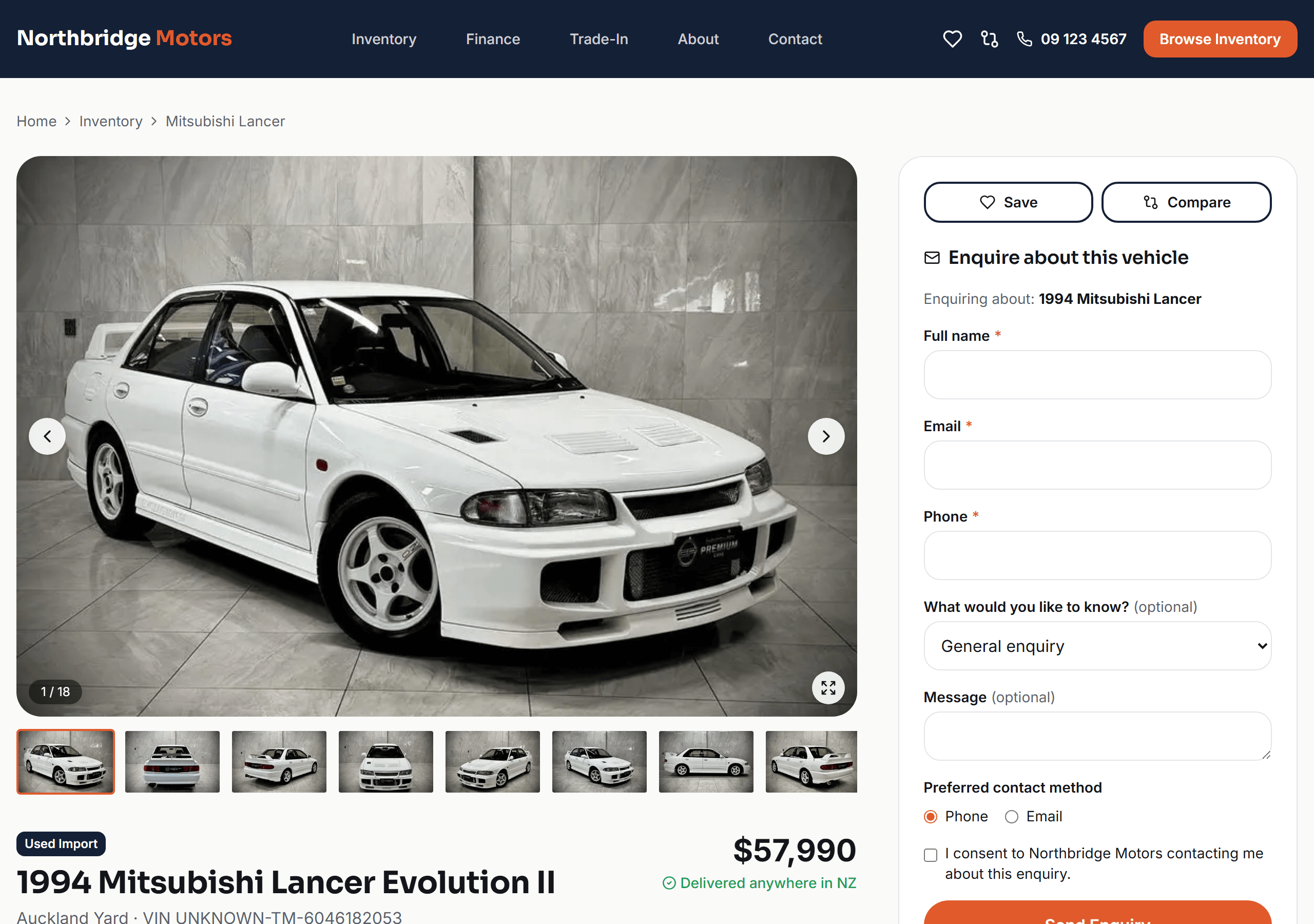 A vehicle detail page on Northbridge Motors for a 1994 Mitsubishi Lancer Evolution II, showing the photo gallery, price and an enquiry form
